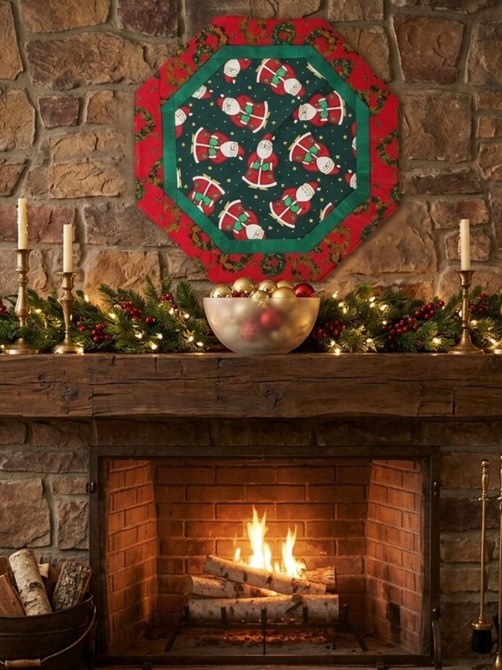 Handmade Quilted Octagon Christmas Table Topper – Vintage Santa Claus Print Tab